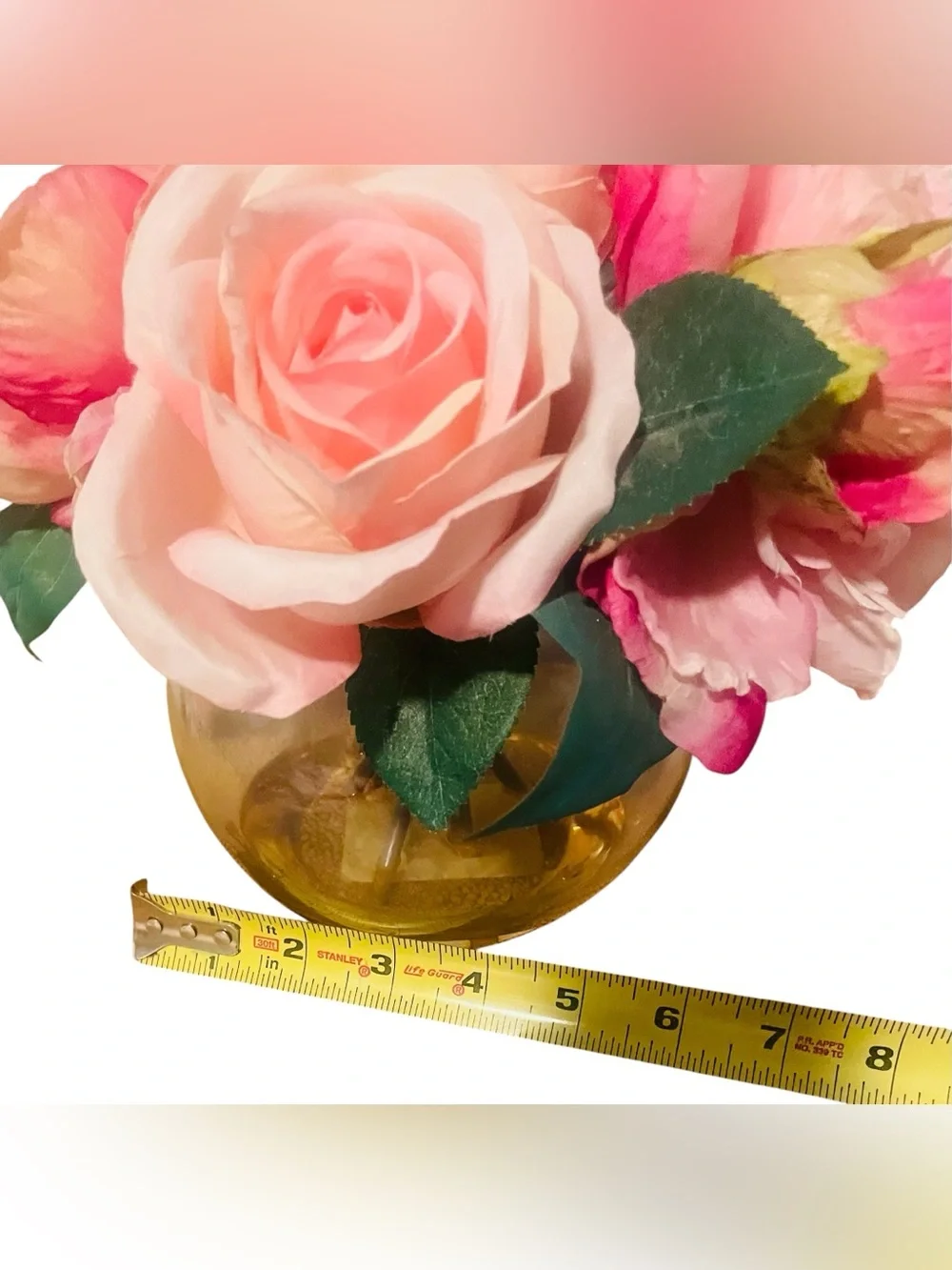 Blush Pink Faux Rose Arrangement in Amber Glass Vase | Boho Coastal Vanity Decor